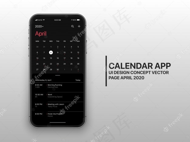 暗模式日历应用程序ui ux概念页4月eps,ai矢量模版下载