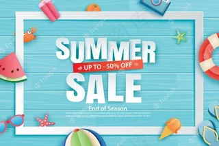 夏季销售，蓝色木质背景上装饰折纸。