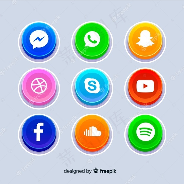 真实的按钮与社交媒体标志集合