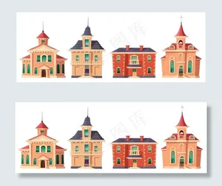 城市复古殖民风格建筑卡通
