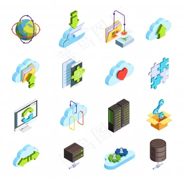 云服务等轴测图标集eps,ai矢量模版下载