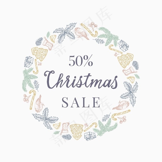 圣诞大减价手绘素描花环