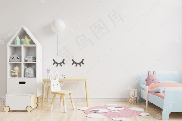 儿童房实物模型样机墙白色背景。