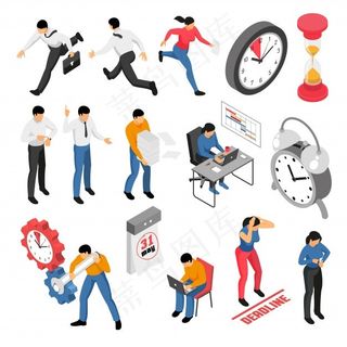 人们试图在截止日期前完成任务等轴测图标设置为白色3d