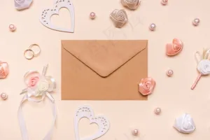 顶视图信封周围有鲜花