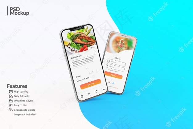 可编辑的智能手机模型样机显示食品应用程序概念模板psd模版下载