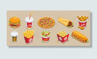 不同产品和饮料的等距快餐系列