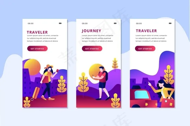 旅游入职应用程序屏幕集合eps,ai矢量模版下载