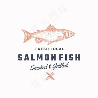 S熏烤三文鱼抽象标志、符号或标志模板。