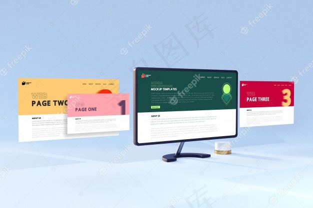 现代3d web showcase桌面计算机屏幕模型样机模板psd模版下载