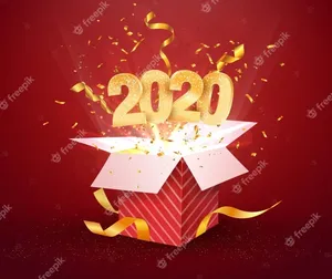 2020数字和打开的红色礼盒爆炸五彩纸屑隔离