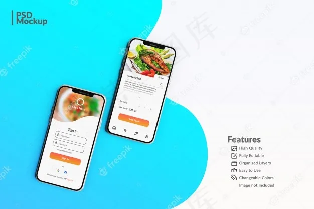 可编辑的智能手机模型样机显示食品应用程序概念模板psd模版下载