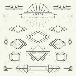 装饰艺术风格线性几何标签和徽章，单色，图形元素