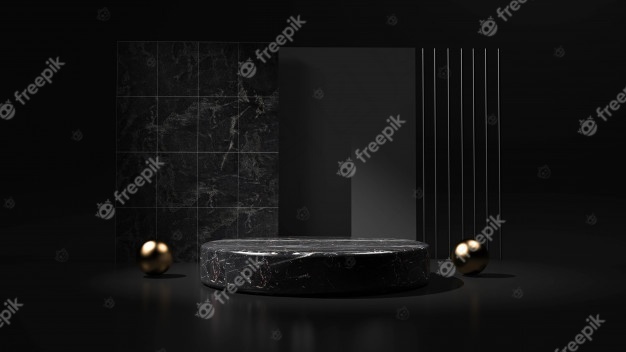 抽象的黑色背景和几何形状的产品讲台。三维渲染