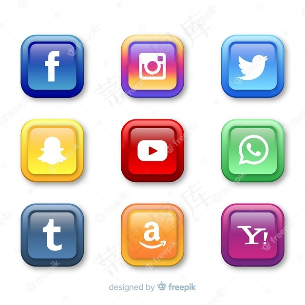 真实的按钮与社交媒体标志集合
