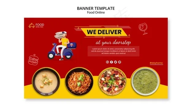 美食在线概念横幅banner模型样机psd模版下载