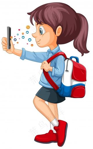 女孩使用智能手机与社交媒体图标主题孤立在白色背景