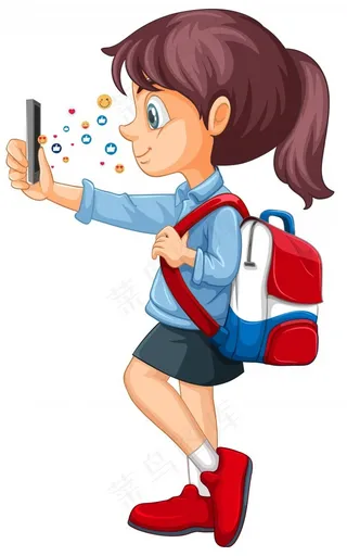 女孩使用智能手机与社交媒体图标主题孤立在白色背景