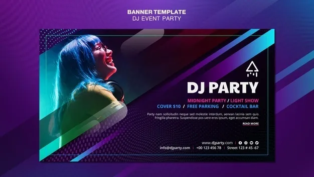 戴着耳机横幅banner的Dj派对女郎psd模版下载