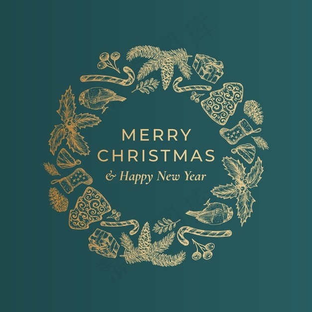 圣诞快乐，新年快乐手绘素描花环，横幅banner或卡片模板。eps,ai矢量模版下载