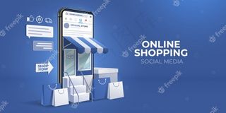 社交媒体手机app移动应用程序或网站概念上的3d在线购物。