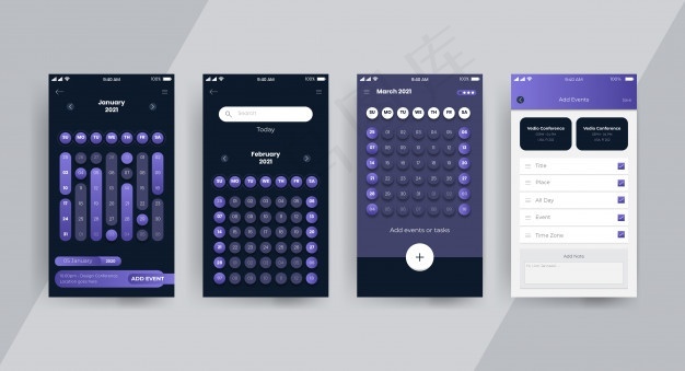 暗日历应用程序ui ux概念页面eps,ai矢量模版下载
