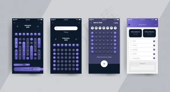 暗日历应用程序ui ux概念页面
