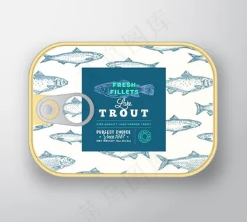 罐头鱼标签模板。带标签盖的抽象鱼铝容器。