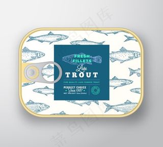 罐头鱼标签模板。带标签盖的抽象鱼铝容器。