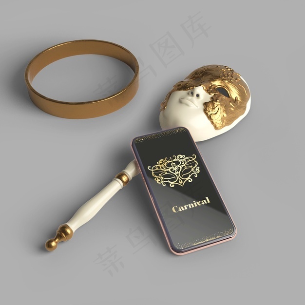 手机嘉年华应用程序模型样机和面具与戒指psd模版下载