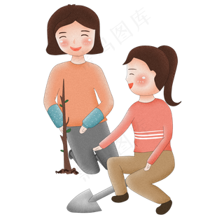 手绘可爱卡通母女植树节植树pn