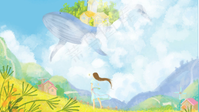 夏景云中蓝鲸女孩看天(2880*1620px 300 dpi )psd模版下载