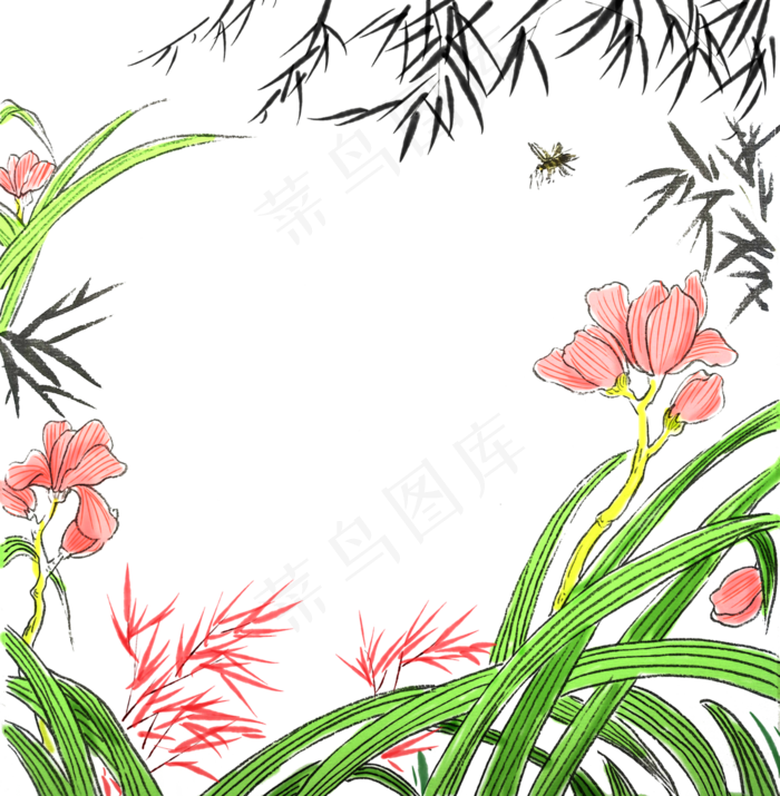 装饰国画水墨花鸟兰花春天鲜艳PNG,免抠元素(2860X2920(DPI:256))psd模版下载