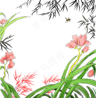 装饰国画水墨花鸟兰花春天鲜艳PNG,免抠元素