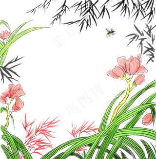 装饰国画水墨花鸟兰花春天鲜艳PNG,免抠元素