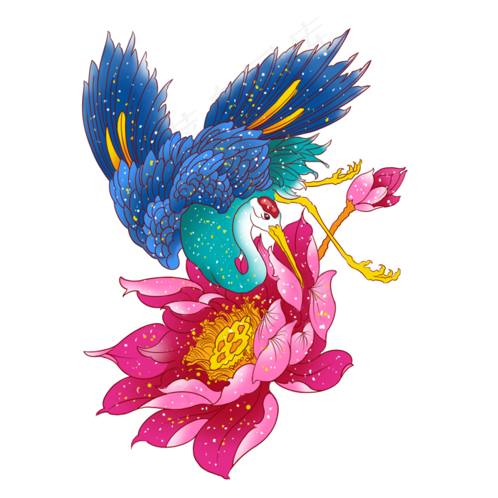 国潮花鸟荷花仙鹤,免抠元素(2000X2000(DPI:300))psd模版下载