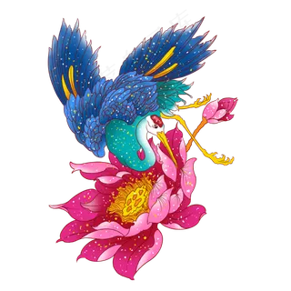 国潮花鸟荷花仙鹤,免抠元素