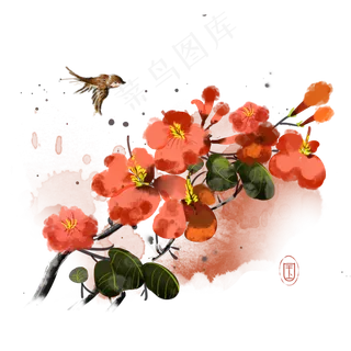 水墨花鸟花朵素材,免抠元素