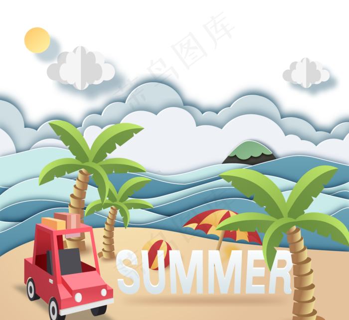 唯美夏天海滩出游手绘剪纸