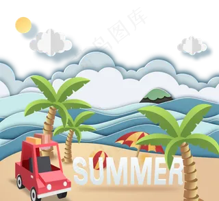 唯美夏天海滩出游手绘剪纸