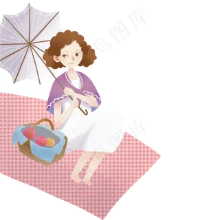 卡通女孩打伞坐在地毯上