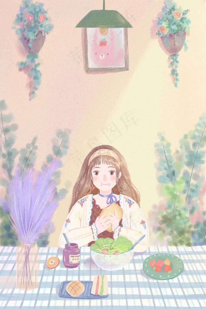 卡通小清新简约问候语早安清晨吃早餐(3545*5315px 300 dpi )psd模版下载