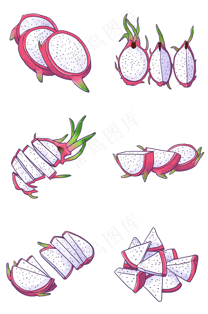 手绘各种切开的火龙果插图PNG(2000X3020(DPI:300))psd模版下载