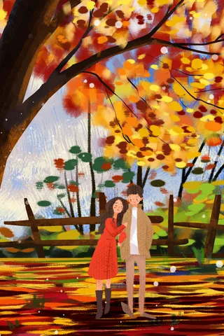 油画厚秋天树下风景