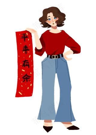 手绘小年贴对联的个性女孩,免抠元素