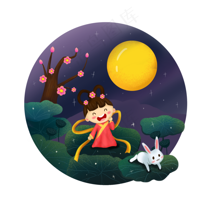 卡通中秋节在池塘荷花赏月的嫦娥
