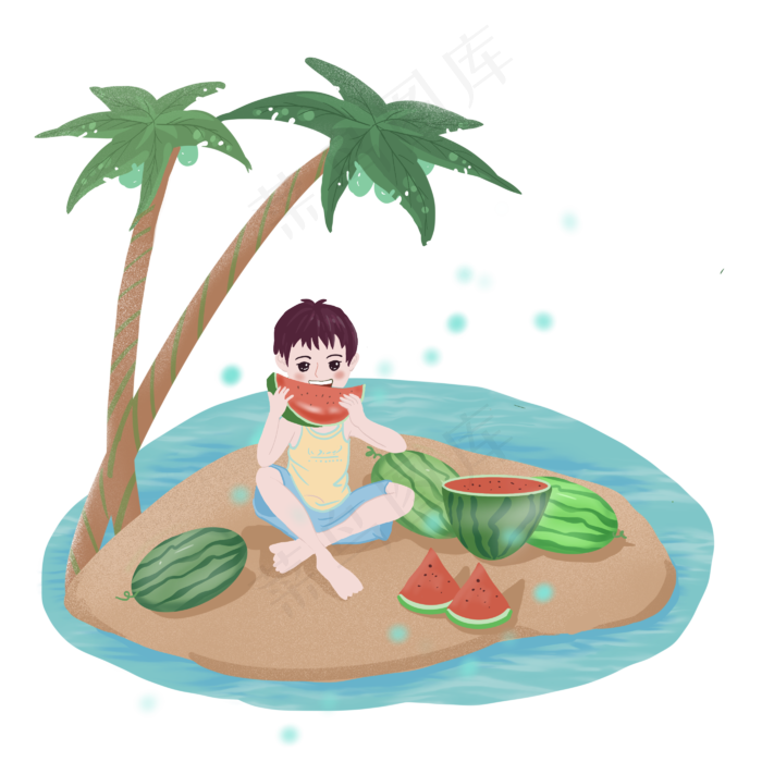 大暑绿色卡通商用吃西瓜消暑夏天