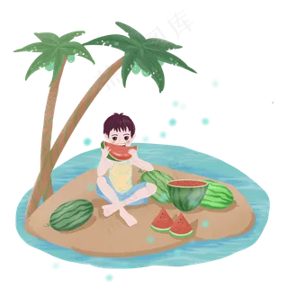 大暑绿色卡通商用吃西瓜消暑夏天