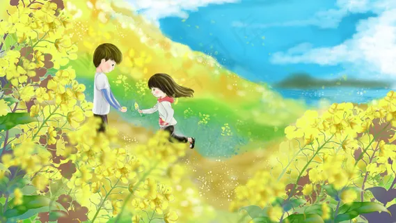 明黄暖色系春日小清新男孩女孩赏油菜花春游