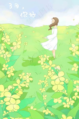 4月你好春暖花开春季少女白裙少女四月你好